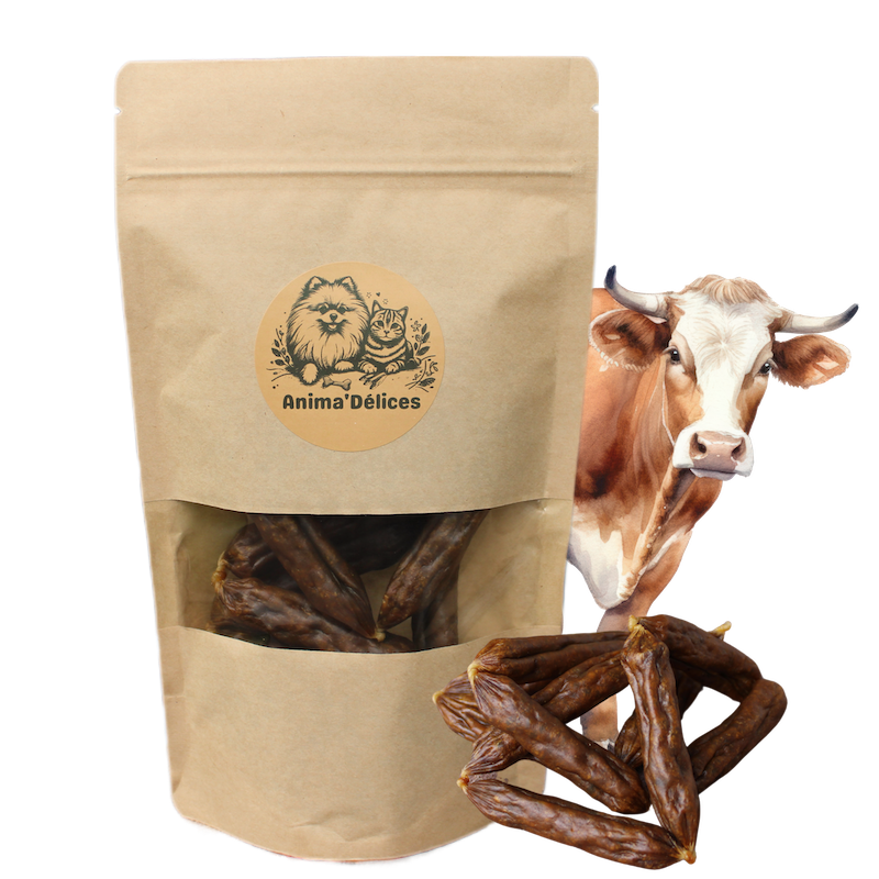 Friandise naturelle pour chien saucisse de boeuf emballage