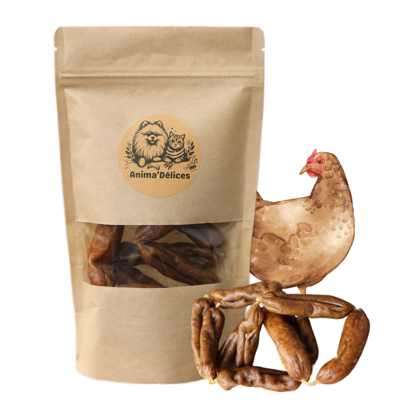 Friandise naturelle pour chien saucisse de poulet emballage